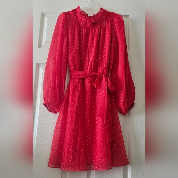 DKNY Red glitter ruffled dress Balloon sleeve with belt at waist size 10 - Picture 2 of 10